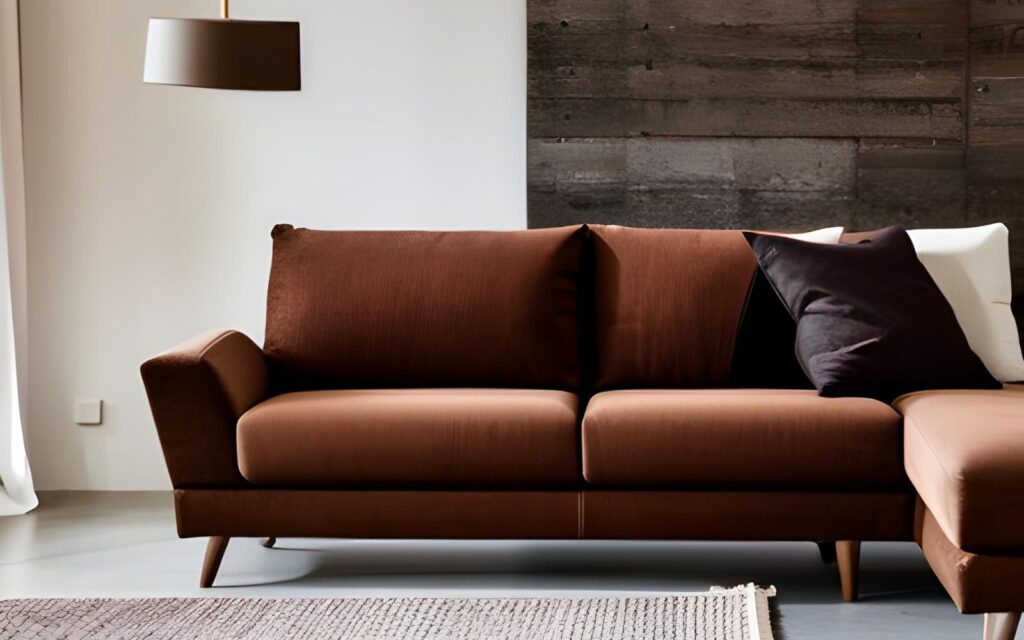 Brun chaiselong sofa i en stue med sofapuder